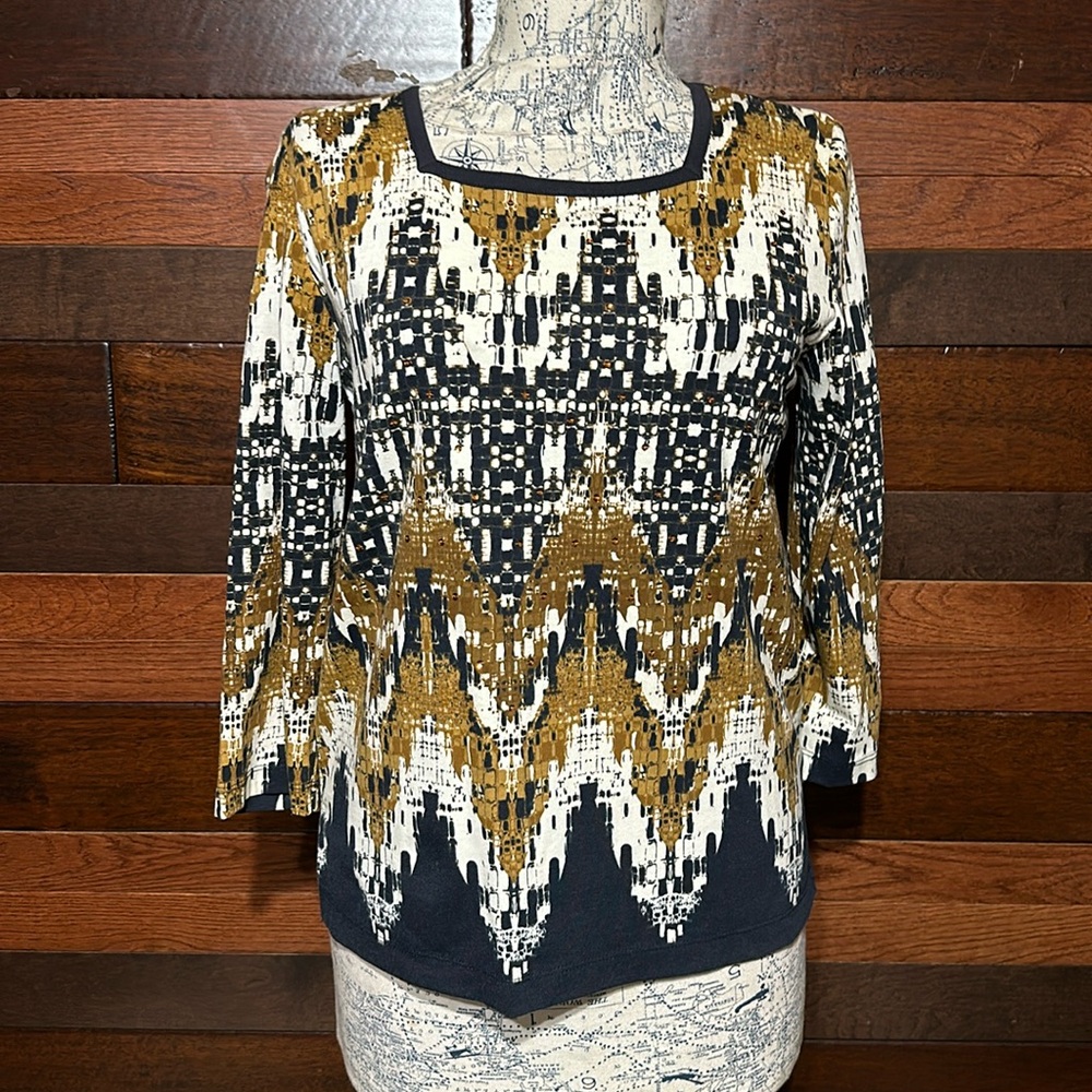 Alfred Dunner Square Neck Long Sleeve Black and Brown Blouse